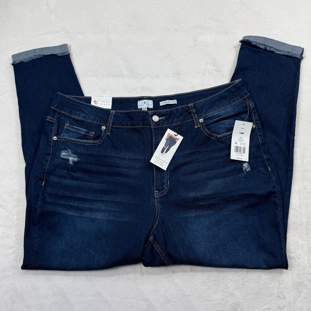 True Craft Calin Patched Roll Cuff Distressed Dark Wash Jeans 18W